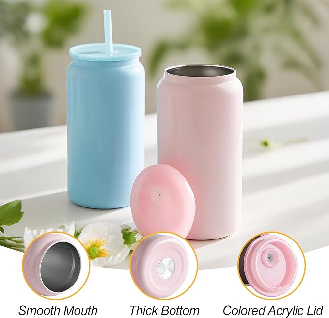 6 Pack Glass Cups with Lids and Straws Unbreakable 16 oz Stainless Steel Can Cup Double Wall Insulated Beer Can Tumbler for Iced Coffee, Juice, Soda, Bright-Colored - Image 6