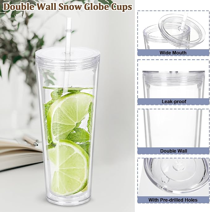 6 Pack 24Oz Snow Globe Tumblers, Double Wall Acrylic Snowglobe Cup with Pre Drilled Hole, Lids, Straws and Plug, Reusable Clear Plastic Tumbler for Snow Globe Glitter DIY - Image 4