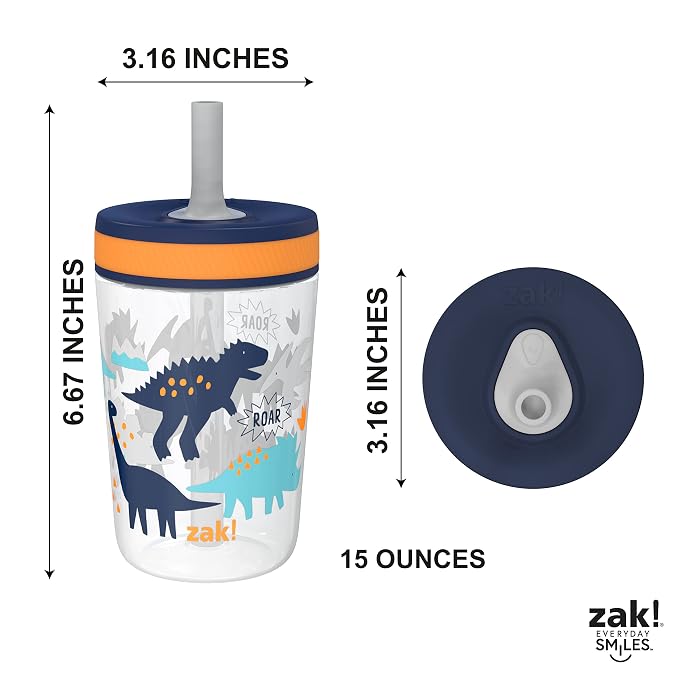 Zak Designs Kelso Toddler Cups For Travel or At Home, 15oz 2-Pack Durable Plastic Sippy Cups With Leak-Proof Design is Perfect For Kids (DinoRoar, Zaksaurus) - Image 8