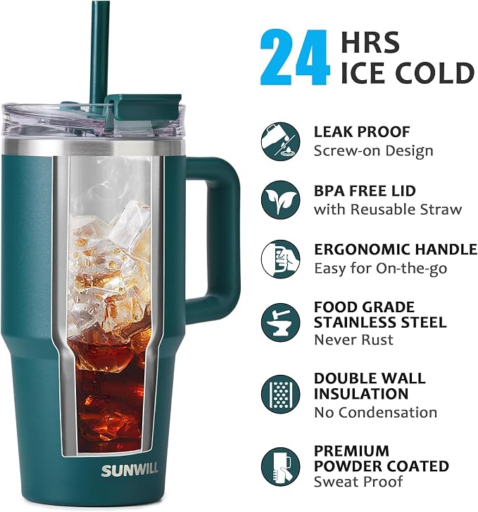 SUNWILL Coffee Tumbler with Handle, 20 oz Travel Mug with Lid and Straw Insulated, Stainless Steel Cup Leak Proof for Travel & Outdoor, Cupholder Friendly, Powder Coated Deep Teal - Image 2
