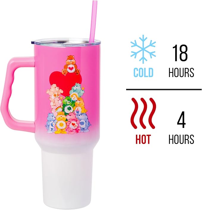 Silver Buffalo Care Bears Watercolor Heart Ombre Double Walled Stainless Steel Tumbler with Handle and Straw, Fits in Standard Cup Holder, 40 Ounces - Image 3
