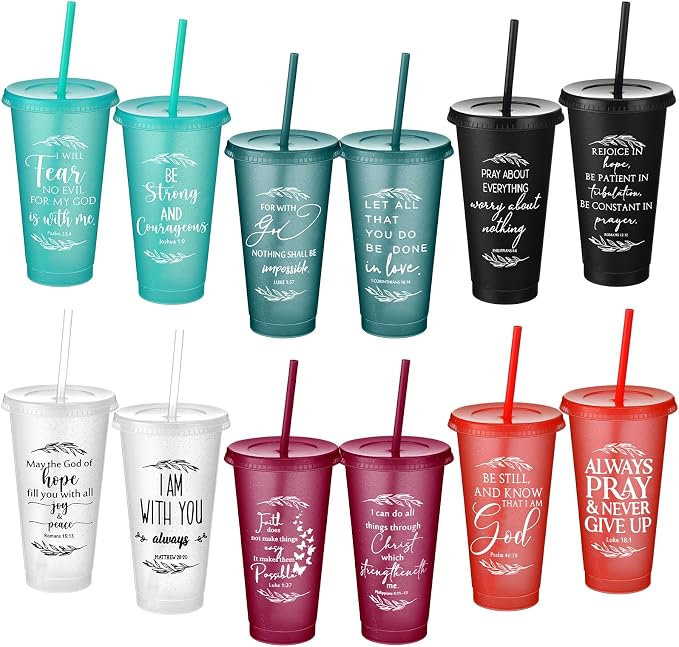 Havawish 12 Pcs Mothers Day Christian Tumbler Gift Bulk Religious Inspirational 24 oz Drinking Jesus Cup with Lid Straw Bible Verse Plastic Cup for Church Father Teacher First Communion (Joyous Color) by Havawish