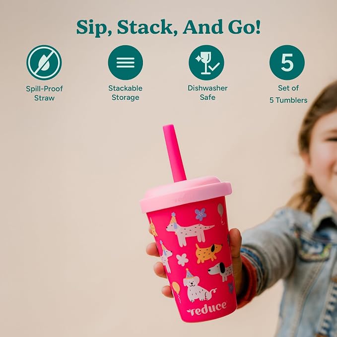 REDUCE GoGo's Kids Portable Tumbler Cups with Lids and Spill-Proof Straws - 5 Pack of Stackable 12 oz Tumblers with Twist-On Lids - Easy Storage, Dishwasher Safe - Serendipity Set - Image 3