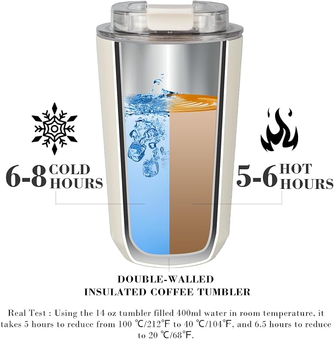 Puraville Insulated Tumblers with Lid, 14 oz Travel Coffee Mug Stainless Steel Vacuum Cup, Leak Proof Reusable Double Walled Coffee Tumbler for Iced and Hot Drinks, Cream - Image 3
