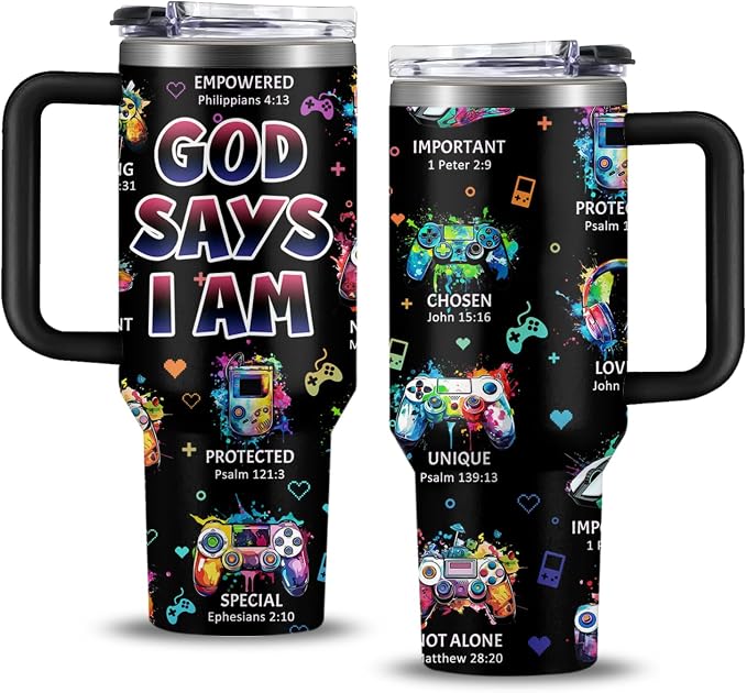 Christian Gamer Gifts, 40 Oz God Says I Am Tumbler With Handle, Christian Gifts for Men/Boys, Inspirational Religious Birthday Gift for Game Lover Bible Verse Cup, Gaming Gift For Gamer Tumbler by NIAXAUYT