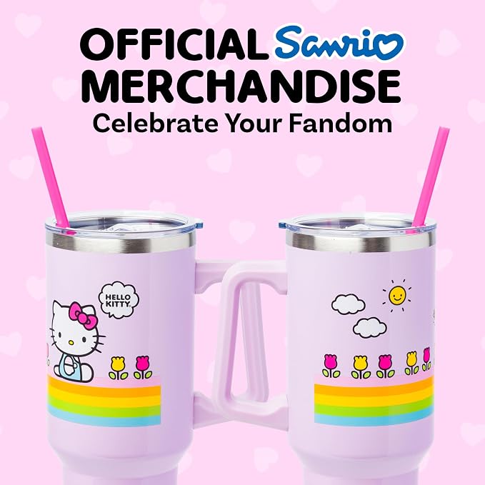Silver Buffalo Sanrio Hello Kitty Spring and Summer Flowers Rainbow Stripes Double Walled Stainless Steel Tumbler with Handle and Straw, Fits in Standard Cup Holder, 40 Ounces - Image 6