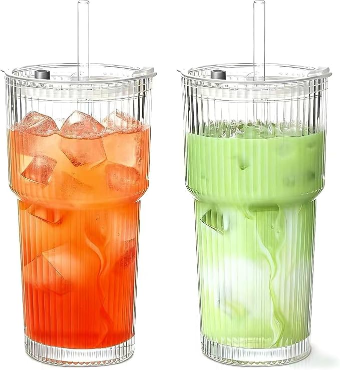 20 oz Glass Tumblers, Iced Coffee Cups with Lids and Glass Straws, Thickened Wall Glass Cups, Ideal for Smoothies, Cocktails, and Juices – Vintage and Durable Drinkware –2 Pack by MINGHYZYA