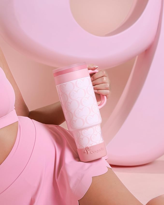 40 oz Insulated Tumbler with Handle and Push-Button Straw Lid, Stainless Steel Travel Cup for Gym Office, Leakproof, BPA-Free, Cup Holder Friendly, Bow Silicone Boot, Pink (C’ Blush) - Image 7