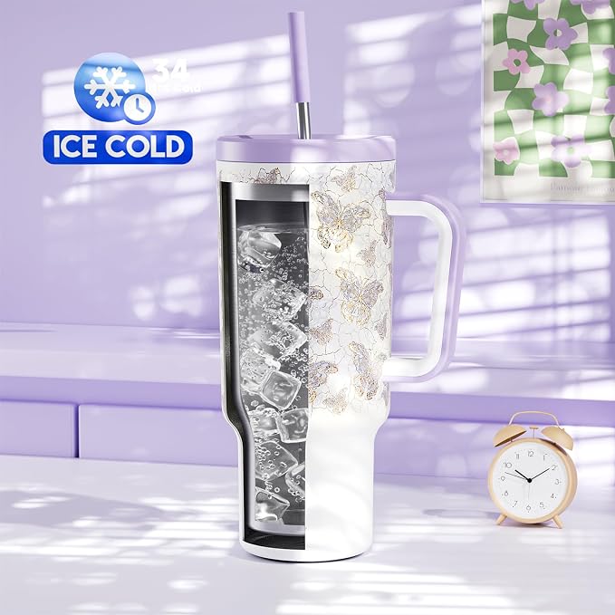 Meoky 40 oz Tumbler with Handle and Straw: Stainless Steel Insulated Tumbler with Lid and Straw - 100% Leak Proof Tumbler for Car Cup Holders - Travelers Commuters Workers, Gold Butterfly - Image 2