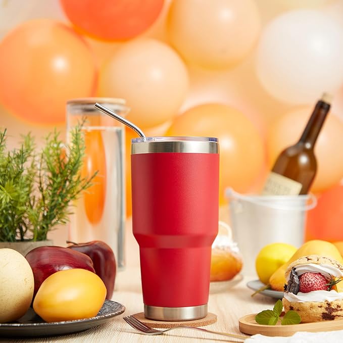 MEWAY 30oz Insulated Tumbler With Lids and Straws,Stainless Steel Double Vacuum Coffee Tumbler Cup, Brush, Durable Powder Coated Coffee Cup for Cold & Hot Drinks, Office, Travel(Coral red,8 PACK) - Image 5