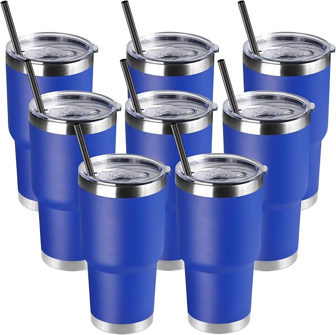 DOMICARE 30oz Tumbler Bulk with Lid and Straw, Double Wall Travel Coffee Mug, Insulated Vacuum Stainless Steel Tumblers, Powder Coated Tumbler Cup (Dark Blue, 8) by VisittheDOMICARE