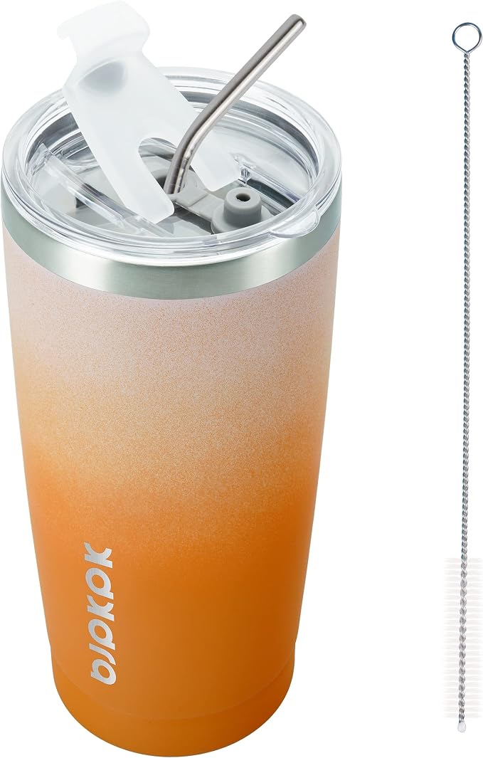 BJPKPK Tumbler with Lid and Straw, 20 oz Stainless Steel Vacuum Insulated Color Block Tumblers, Double Wall Ice Coffee Thermal Cup Travel Mug,Coral by BJPKPK