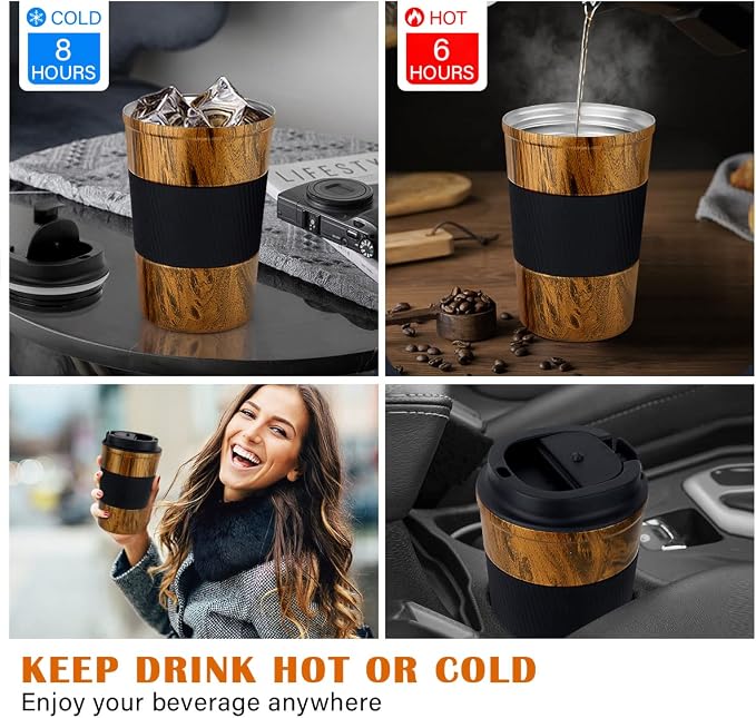 CS COSDDI 12 oz Stainless Steel Vacuum Insulated Tumbler - Coffee Travel Mug Spill Proof with Lid - coffee Cup for Keep Hot/Ice Coffee,Tea and Beer (D-wood grain) - Image 4
