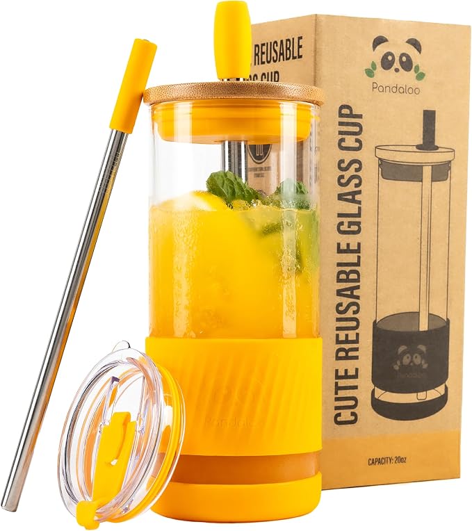 Pandaloo® Glass Cups With Lids and Straws -20 Fl Oz- Perfect Size Iced Coffee Cup - Smoothie Cup With Bamboo Lid and On the go Lid - Glass Tumbler With Straw (1 Count (Pack of 1), Maracuja Dream) by Pandaloo