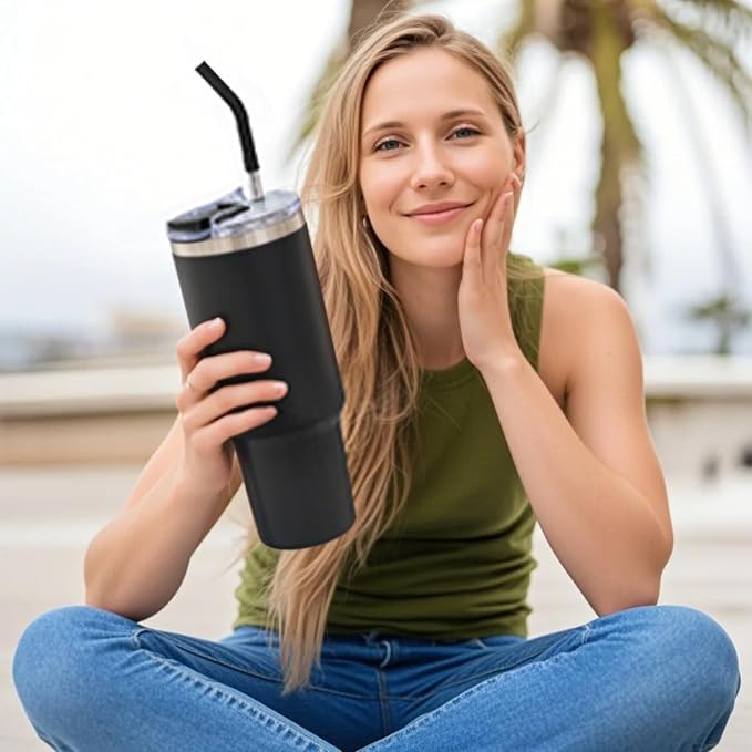 40 oz Tumbler with Handle and Straw Lid,Insulated Reusable Stainless Steel Water Bottle Travel Mug，Cupholder Friendly Double Wall Vacuum Sealed Cup (Black) - Image 6