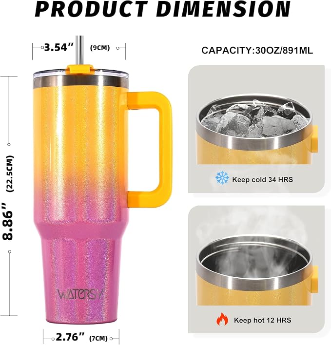30 oz Shiny Tumbler with Handle and Straw,Stainless Steel Tumbler with Lid and Straw,Insulated Travel Mug(Cold for 34 Hours),Water Bottle for Iced Tea,Coffee (Yellow) - Image 2