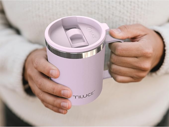 TILUCK 12 oz Insulated Coffee Mug with Lid, Double Wall Vacuum Insulated Travel Mug Cup with Handle for Hot or Cold Drinks（12oz，Matte LightPurple） - Image 4