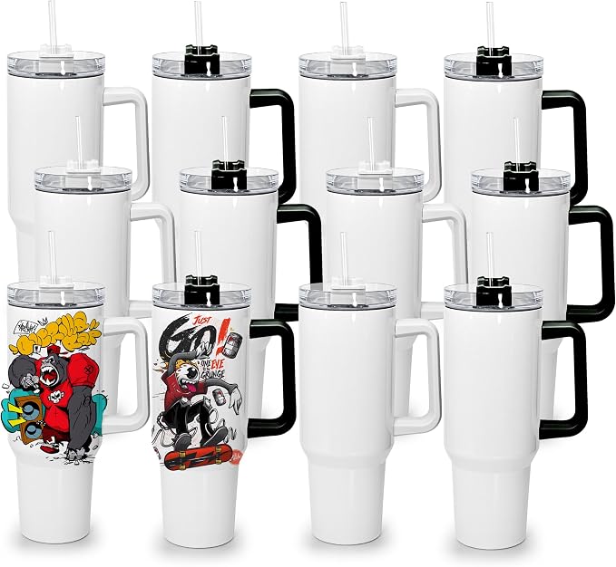 sweet grain 40 oz Sublimation Tumbler with Handle and Straw(12 Pack) Stainless Steel Double Wall Vacuum Insulated Travel Mug Cup Tumblers Bulk Sublimation Blank - White & Black by sweetgrain