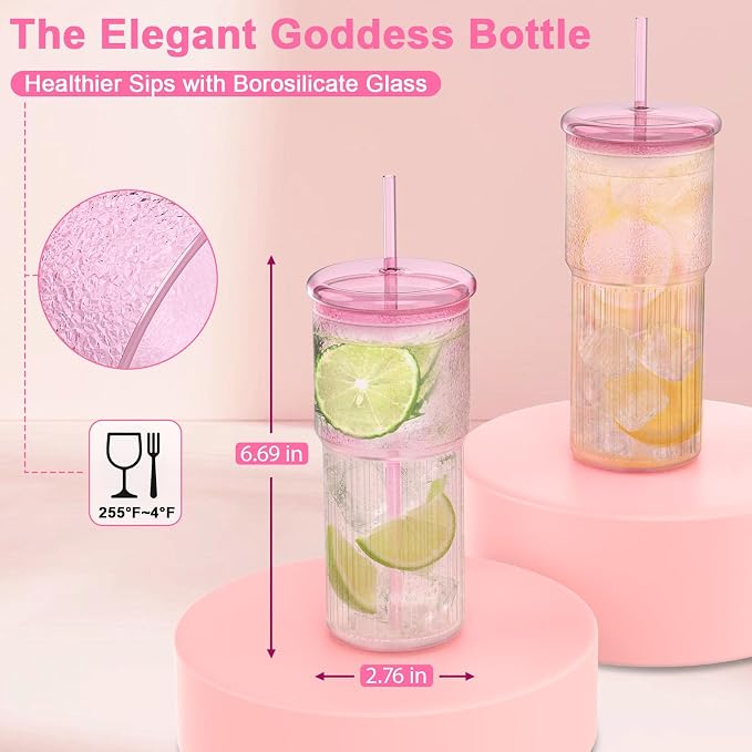 Luiaiog 20oz Glass Cups with Lids and Straws - Set of 4 Reusable Tumblers, Thickened Shatter-Resistant Glass, Ideal for Iced Coffee, Smoothies, Cocktails, Juices - Elegant & Durable Drinkware (Pink) - Image 4