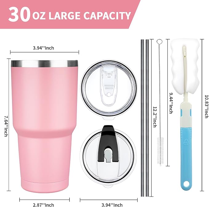 30 oz Tumbler with Lids and Straws, Stainless Steel Insulated Coffee Tumbler, Double Wall Vacuum Insulated Travel Mug Cup, Leakproof Thermal Coffee Cup for Hot and Cold Drinks (Light Pink) - Image 2