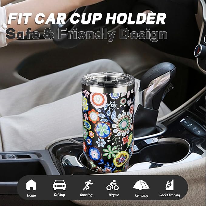 40 oz Tumbler with Lids and Straws, Stainless Steel Insulated Coffee Tumbler, Double Wall Vacuum Insulated Travel Mug Cup, Leakproof Thermal Coffee Cup for Hot and Cold Drinks (Flower) - Image 6