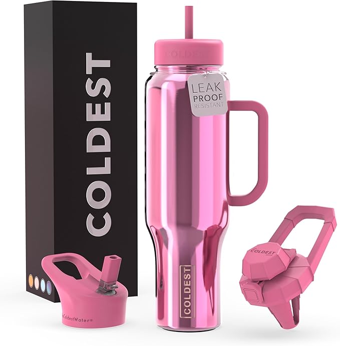 Coldest Tumbler with Handle and Straw - 100% Spill Proof Tumbler with Straw (3 Lids) - Stainless Steel Insulated Leakproof Tumblers for Women & Men - 46 oz (Pink Reflections) by Coldest
