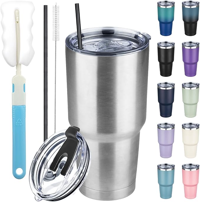 30 oz Tumbler with Lids and Straws, Stainless Steel Insulated Coffee Tumbler, Double Wall Vacuum Insulated Travel Mug Cup, Leakproof Thermal Coffee Cup for Hot and Cold Drinks(Silver) by GUDEMAO