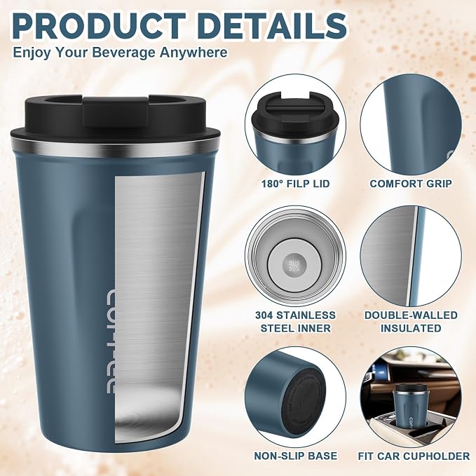 MOMSIV 12oz Travel Mug, Insulated Coffee Cup with Leakproof Lid, Vacuum Stainless Steel Double Walled Reusable Tumbler for Hot and Cold Water Coffee and Tea In Travel and Car Blue - Image 5