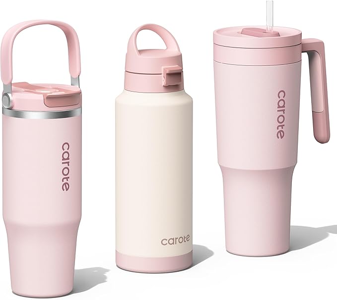 CAROTE 3-Pack Insulated Stainless Steel Water Bottles, Cup Holder Compatible for Travel, Upgraded Leak Proof, 32/32/40 oz Built-In Straw Tumblers Set for Daily Use/Outdoor (Peach) by CAROTE