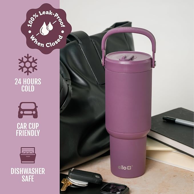 Ello Oasis Go+ 32oz Tumbler with Top Handle and Retracting Straw | Reusable Insulated Stainless Steel Cup, 100% Leakproof Water Bottle, 24 Hours Cold, Cup Holder Friendly For Travel | Wild Rasberry - Image 4