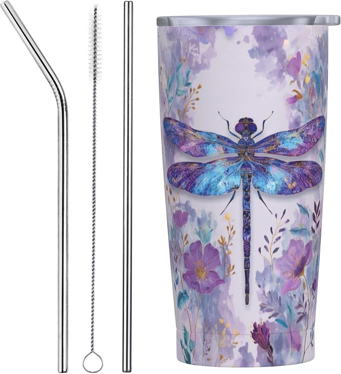Dragonfly Tumbler with Lid and Straw 20oz Vacuum Insulated Coffee Cup Stainless Steel Tumblers Leakproof Travel Mug Present for Women Men by Yrebyou