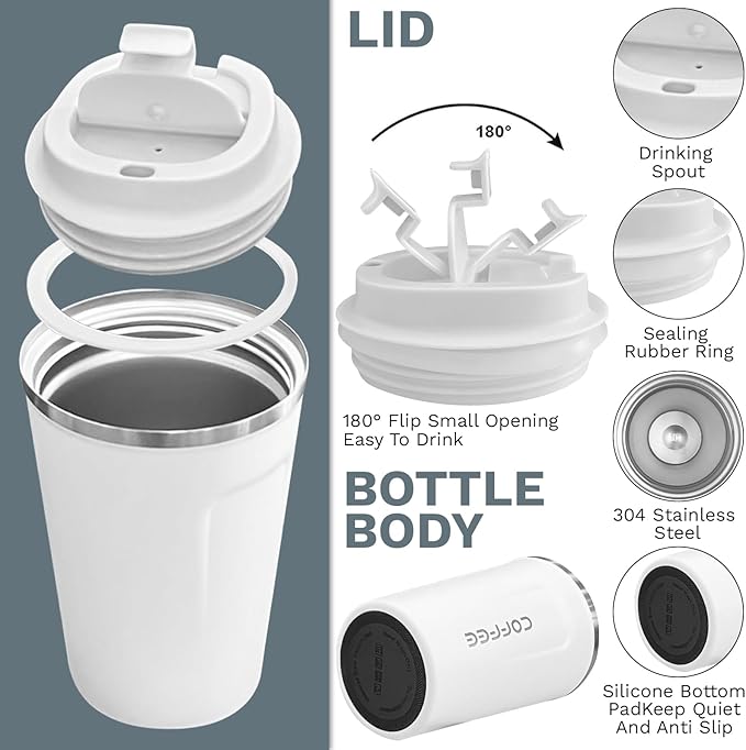 YINBAOGE Insulated Travel Coffee Mug, Spill & Leak Proof, Portable To Go Camping Stainless Steel Coffee Tumbler, Reusable Thermal Coffee Cup with Lid for Hot & Cold Drinks (2nd-White, 17 OZ) - Image 2