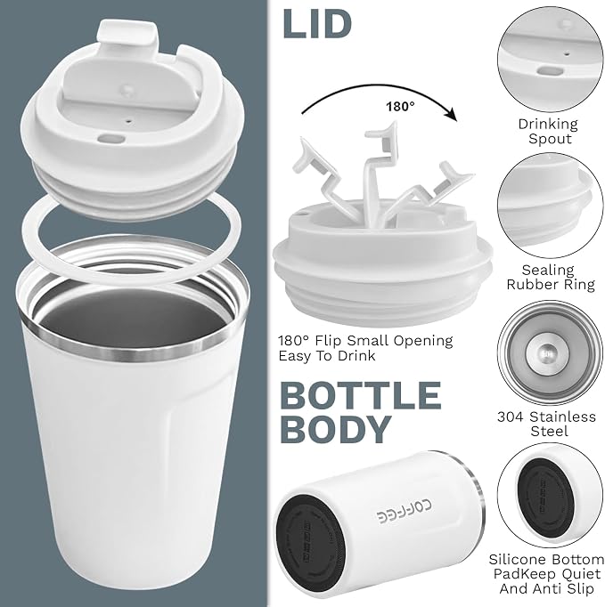 YINBAOGE Insulated Travel Coffee Mug, Spill & Leak Proof, Portable To Go Camping Stainless Steel Coffee Tumbler, Reusable Thermal Coffee Cup with Lid for Hot & Cold Drinks (2nd-White, 12 OZ) - Image 2
