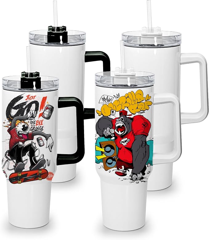 sweet grain Sublimation Tumblers 40 oz with Handle(4 Pack) - Stainless Steel Double Wall Vacuum Insulated Large Tumbler Bulk with Removable Handle and Straw - Black & White Handle by sweetgrain