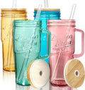 ANOTION Colored Glass Cups with Handle Set of 4, 24oz Glass Cups with Lids and Straws Travel Coffee Mug Bamboo Mason Jar Iced Cup Smoothie Tea Clear Cute Water Drinking Jars Glasses by ANOTION