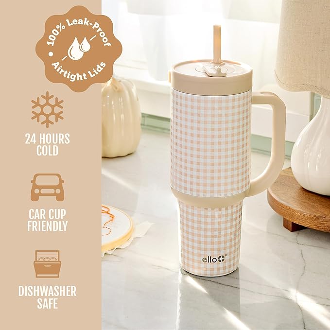 Ello Oasis 40oz Stainless Steel Water Bottle - Beige Gingham - Image 5