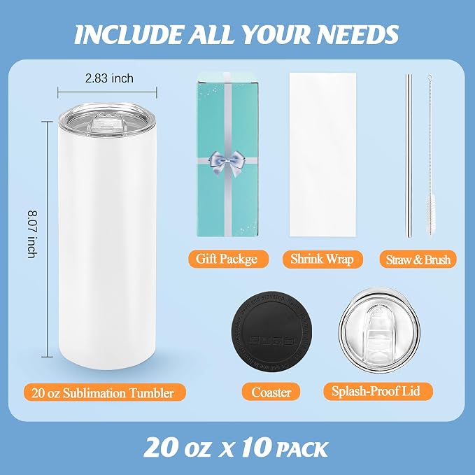 Joyclub Sublimation Tumblers 20 oz 10 Pack Flat Bottom Sublimation Blanks Bulk Stainless Steel Insulated Skinny Straight Cups with Lid and Straw, Gift Box - Image 3