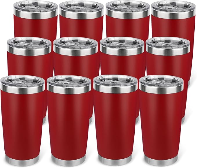 20oz Stainless Steel Tumbler Bulk with Lid, Travel Mug - Double Wall Vacuum Powder Coated Cup - Red, 12 Pack by Unknown