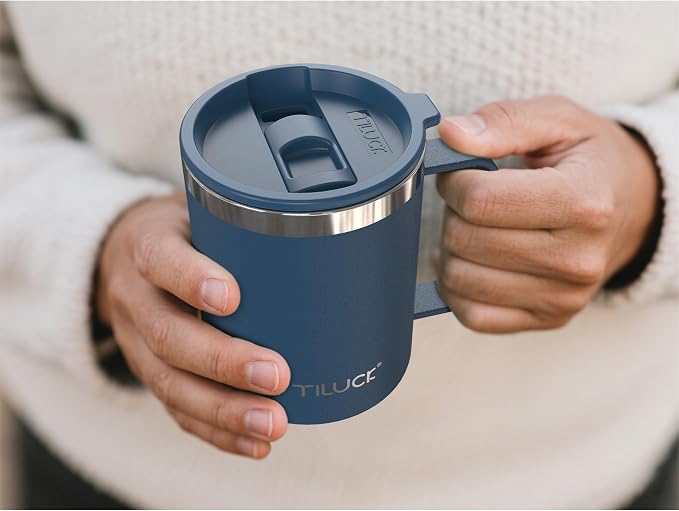 TILUCK 12 oz Insulated Coffee Mug with Lid, Double Wall Vacuum Insulated Travel Mug Cup with Handle for Hot or Cold Drinks（12oz，Matte DarkBlue） - Image 4