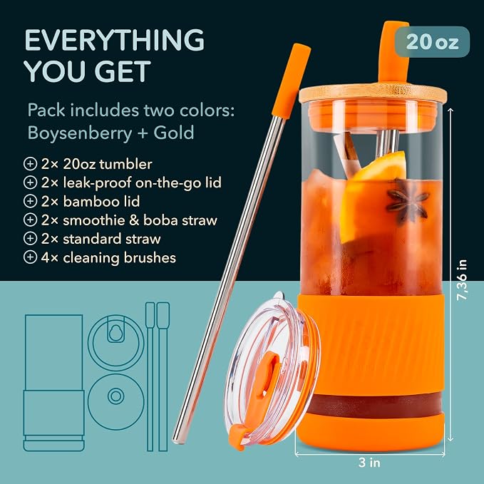 Pandaloo® Glass Cups With Lids and Straws -20 Fl Oz- Perfect Size Iced Coffee Cup - Smoothie Cup With Bamboo Lid and On the go Lid - Glass Tumbler (2 Count (Pack of 1), Boysenberry-Autumn Gold) - Image 2