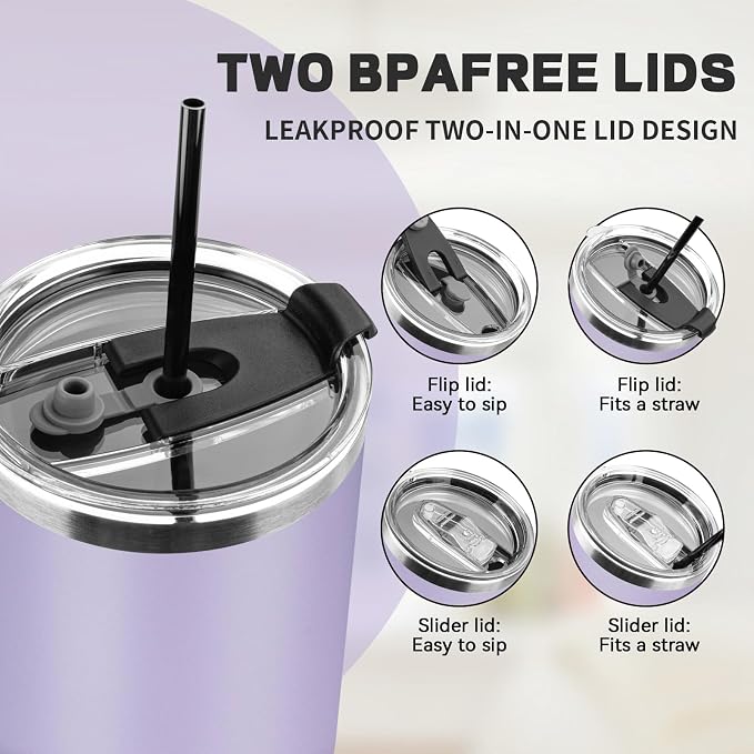 30 oz Tumbler with Lids and Straws, Stainless Steel Insulated Coffee Tumbler, Double Wall Vacuum Insulated Travel Mug Cup, Leakproof Thermal Coffee Cup for Hot and Cold Drinks (Light Purple) - Image 5