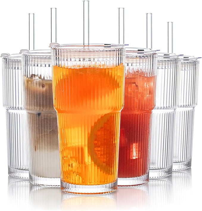 INSETLAN 6-Piece Glassware Set – 20 oz Ribbed Glass Tumblers with Lids and Glass Straws, Heavy-Duty Tumblers, Ideal for Iced Coffee, Smoothies, Cocktails, and Juices – Elegant and Durable Drinkware by INSETLAN