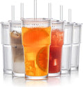 INSETLAN 6-Piece Glassware Set – 20 oz Ribbed Glass Tumblers with Lids and Glass Straws, Heavy-Duty Tumblers, Ideal for Iced Coffee, Smoothies, Cocktails, and Juices – Elegant and Durable Drinkware by INSETLAN