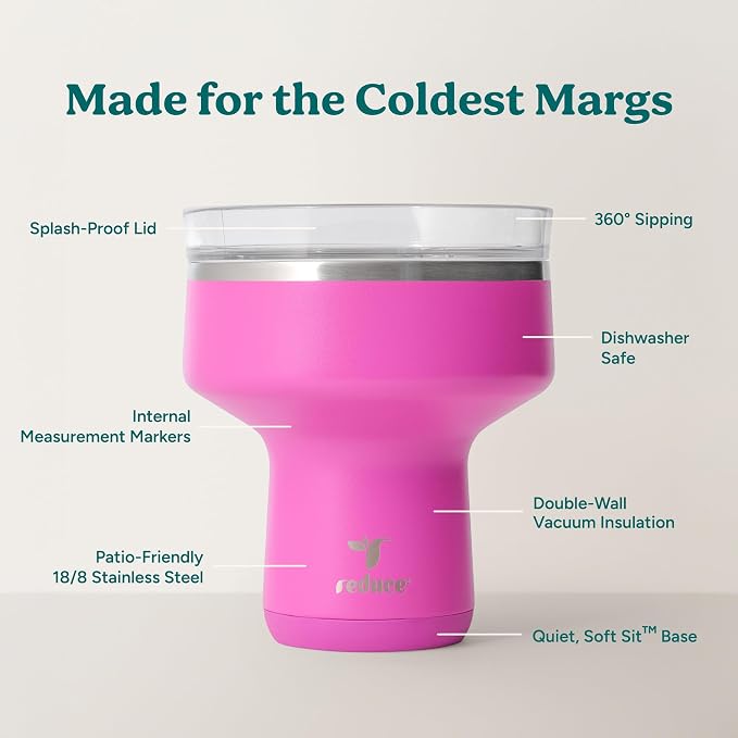 REDUCE Saltini 16oz Cocktail Tumbler - Insulated Margarita Tumbler with Lid-Keeps Drinks Cold for 10 Hours-360 Sippable Martini Glass Alternative-Shatterproof Perfect for Parties-Sunset Fuchsia-4 Pack - Image 3