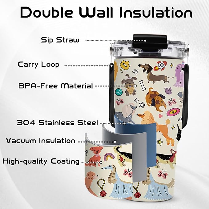 20oz Dog Tumblers - Dogs Tumbler with Straw Handle, Leak-proof, BPA-free, Double Wall Insulated, Sports Gifts Cup for Boys Girls, Insulated Coffee Tumbler Puppy Stainless Steel Cup Gifts - Image 5