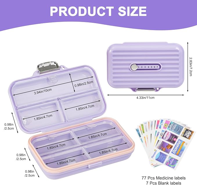 Travel Pill Organizer Box with Medicine Labels, 7 Compartments Portable Pill - Image 2