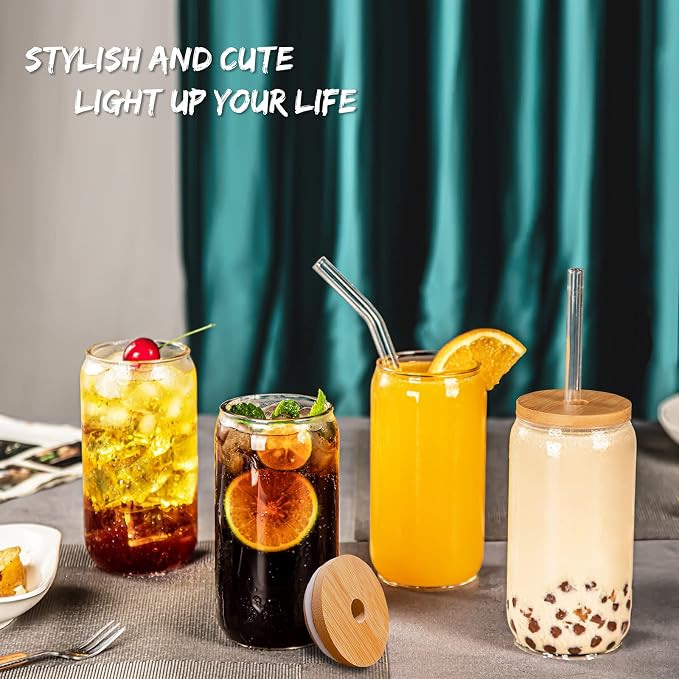 SENTVEND 16 Oz Drinking Glasses with Bamboo Lids and Glass Straw - 8 Pcs Glass Cups Beer Ice Coffee Glasses Cute Aesthetic Cup Great for Coffee Bar Accessories Include 2 Cleaning Brushes - Image 3