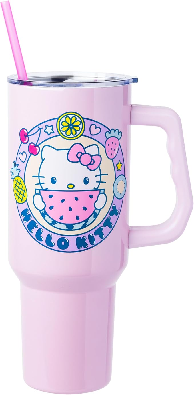 Silver Buffalo Sanrio Hello Kitty Summer Kawaii Fruits Double Walled Stainless Steel Tumbler with Handle, Fits in Standard Cup Holder, 40 Ounces by SilverBuffalo