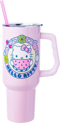 Silver Buffalo Sanrio Hello Kitty Summer Kawaii Fruits Double Walled Stainless Steel Tumbler with Handle, Fits in Standard Cup Holder, 40 Ounces by SilverBuffalo