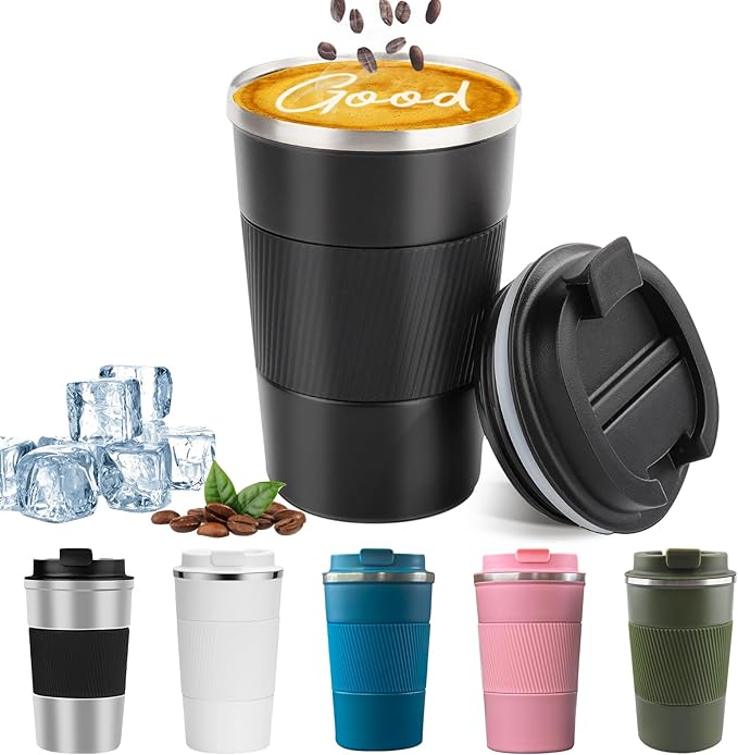 YINBAOGE Insulated Travel Coffee Mug, Spill & Leak Proof, Portable To Go Camping Stainless Steel Coffee Tumbler, Reusable Thermal Coffee Cup with Lid for Hot & Cold Drinks (Black, 12 OZ) by YINBAOGE